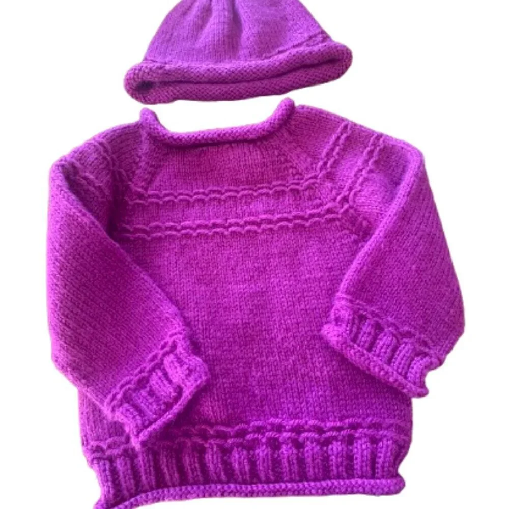 Hand-knit Sweater Set for Little Girl 2 toddler - Pink hat & Sweater (E40)